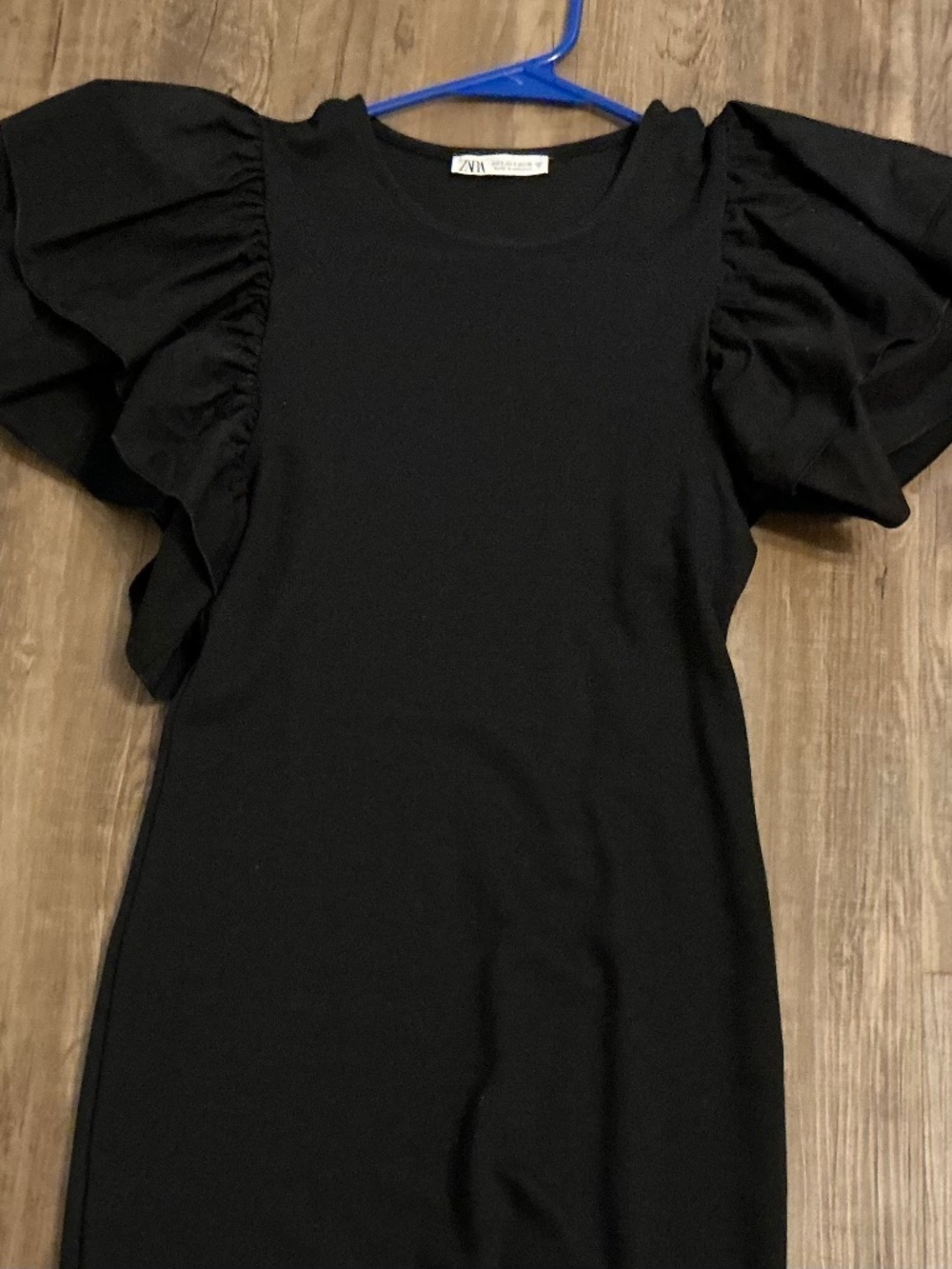 Zara Black Ribbed Mini Dress with Ruffle/Butterfly Sleeves, size S